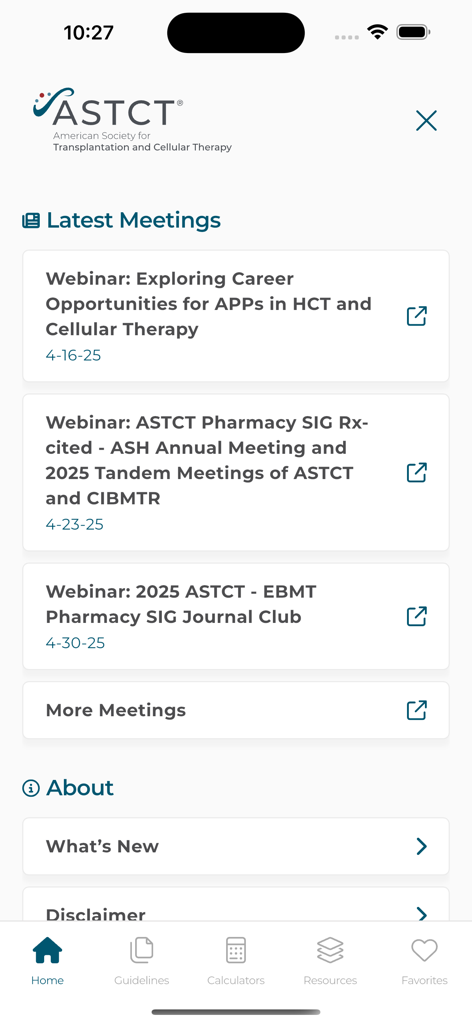 ASTCT Practice Guidelines - ASTCT Practice Guidelines app home screen featuring latest meetings and clinical webinars