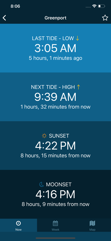 Screenshot of the Tides Near Me app displaying low and high tide times for Greenport