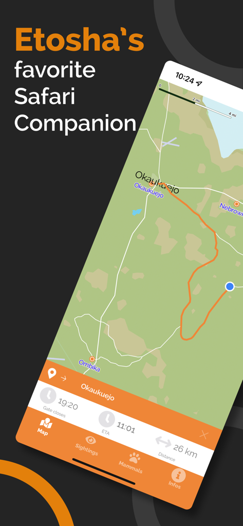 Etosha App - Namibia - エトーシャ国立公園のインタラクティブサファリナビゲーションマップ（距離と到着時間表示）