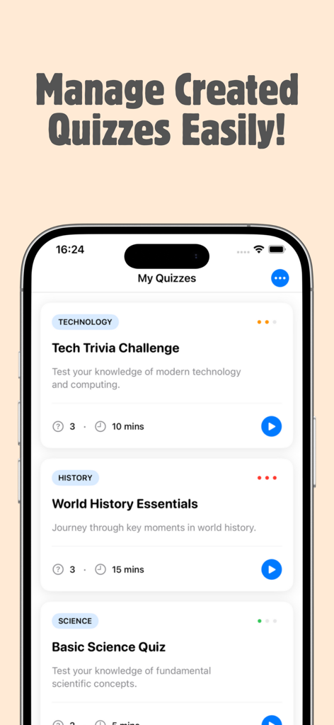 AI Quiz Maker - Test Generator - Vista dashboard dell'app AI Quiz Maker che mostra un elenco di quiz di studio organizzati per diverse materie.