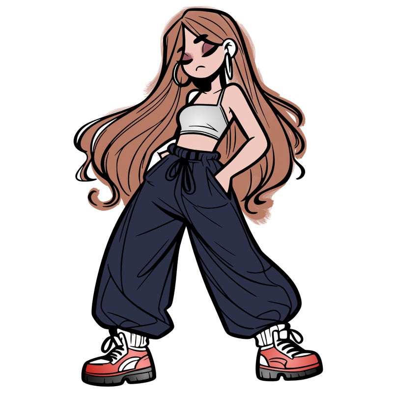 girl in baggy pants crop top and long hair