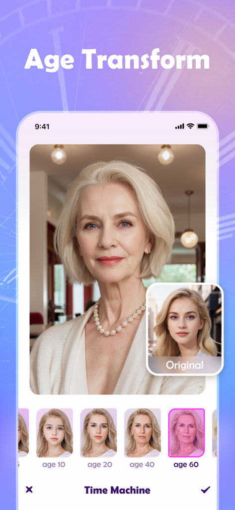 CoCola: AI generation tools - CoCola app AI age transform feature showing a young woman aging to 60 using the Time Machine tool