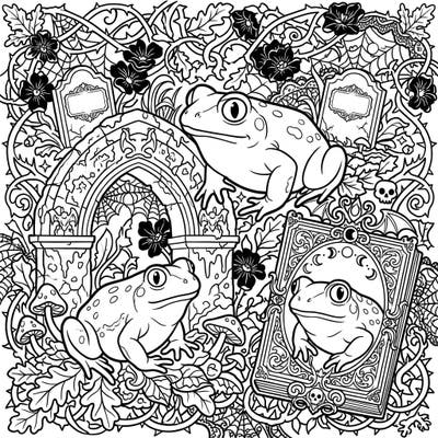 Discover a unique blend of nature and the macabre with our Gothic Spadefoot Toads coloring page. This intricate design features fascinating spadefoot toads nestled within a mysterious, Victorian-inspired landscape.