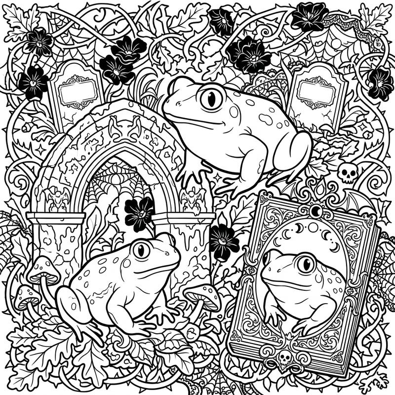 Discover a unique blend of nature and the macabre with our Gothic Spadefoot Toads coloring page. This intricate design features fascinating spadefoot toads nestled within a mysterious, Victorian-inspired landscape.