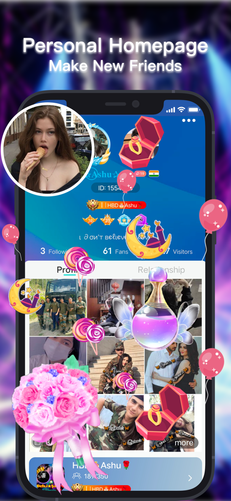 Page d'accueil personnelle de l'application ViYa montrant un profil utilisateur avec des photos et des cadeaux virtuels