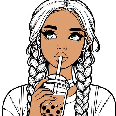 realistic girl with braided hair drinking boba