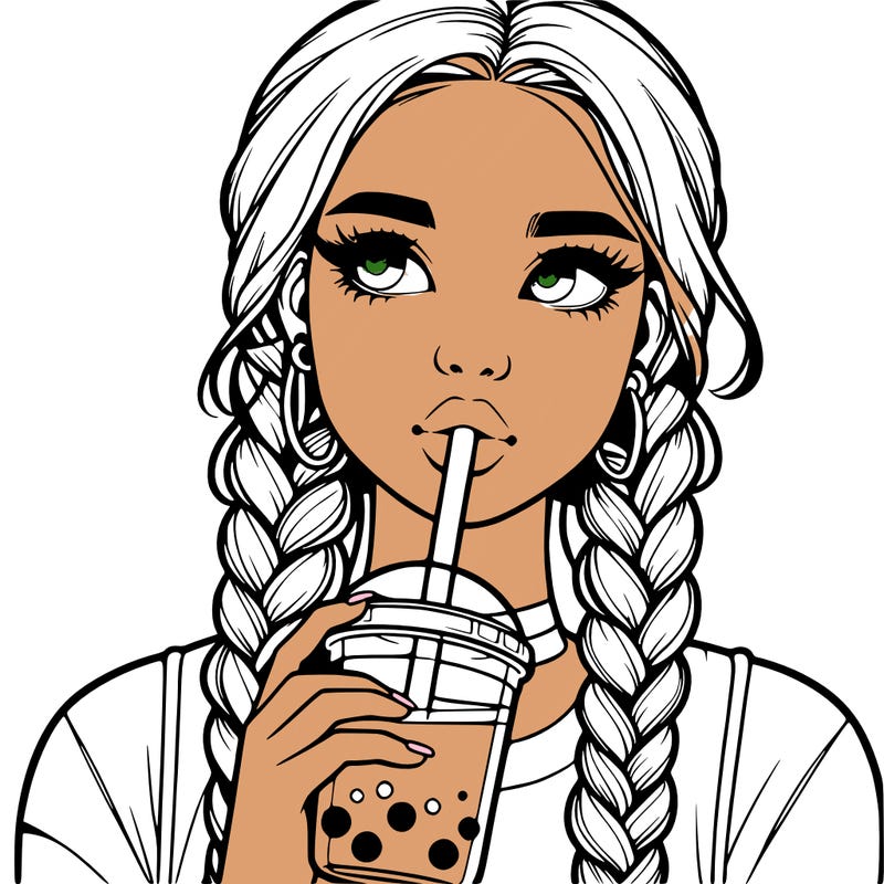 realistic girl with braided hair drinking boba
