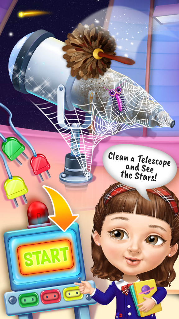 A girl character pointing at a start button for a telescope cleaning activity in a kids game.