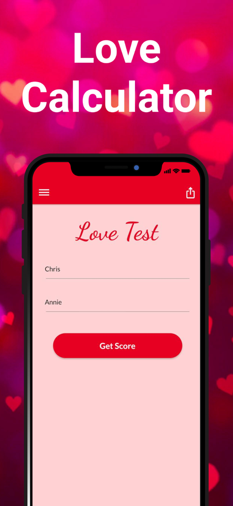 Love Tester: Real Love Test - Love Tester app interface showing names input fields for Chris and Annie with a Get Score button on a pink background