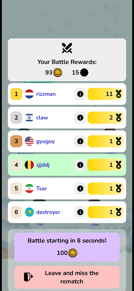 Tabla de clasificación que muestra las clasificaciones de jugadores por nación y recompensas de batalla en Geofast.