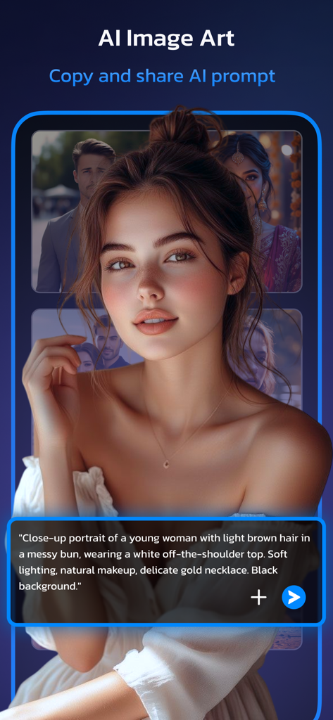 A mobile app screen showing an AI generated woman portrait and its corresponding text prompt
