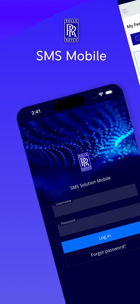 Login screen of the Rolls-Royce SMS Mobile app showing the logo and credentials fields