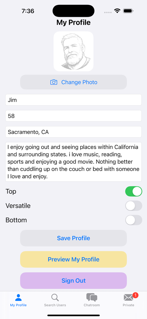 Gay Bear Chat - A screenshot showing the profile editing screen of the Gay Bear Chat app with fields for name, age, location, and bio.