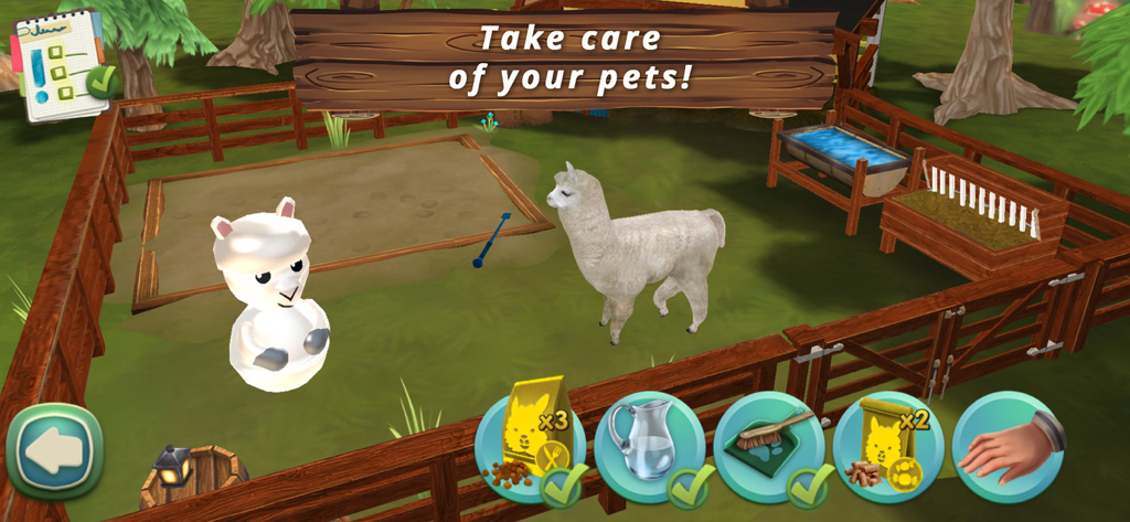 Gameplay della cura dell'alpaca nella simulazione Pet World My Animal Hotel