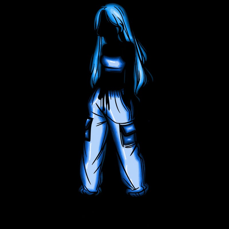 girl in baggy pants crop top and long hair