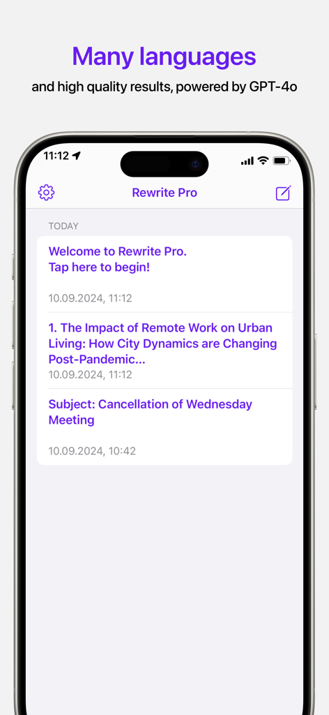 Rewrite Pro: AI Text Editor - Interface de l'éditeur de texte IA Rewrite Pro montrant une liste de documents récents et l'intégration GPT-4o