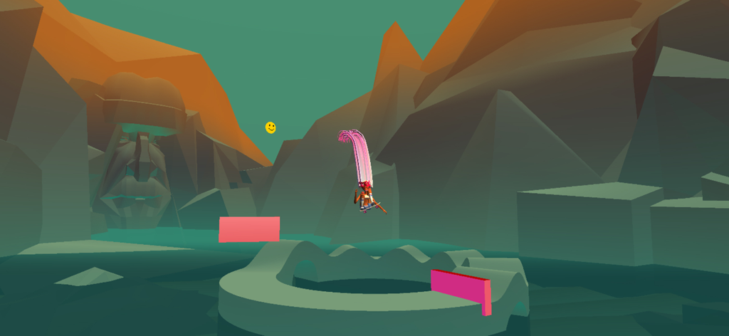 Hippy Skate - Um personagem 3D realizando um ollie em um skate em um mundo psicodélico low poly cheio de sinais de paz flutuantes.