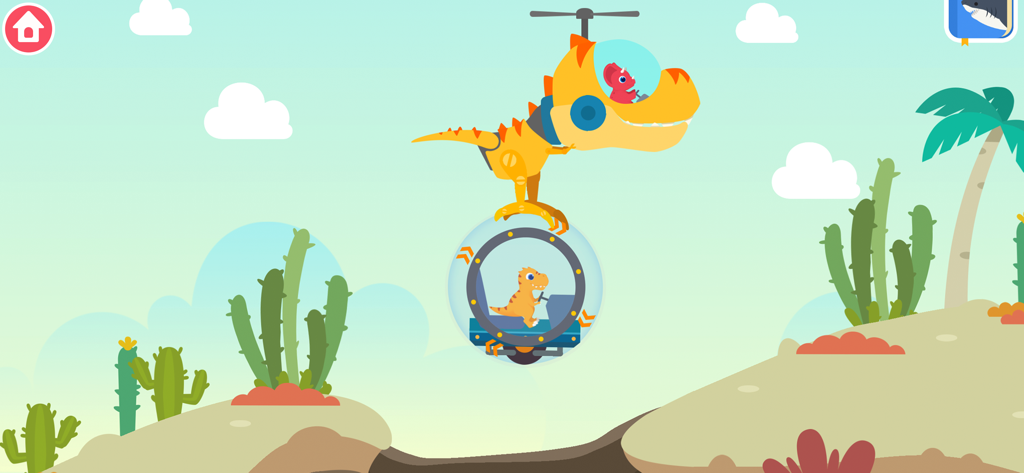 Un dinosaure de dessin animé dans un véhicule sphérique explorant un paysage désertique avec des cactus.