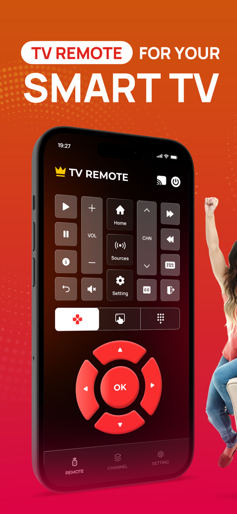 Vizo - Remote for Vizio TV - Pantalla de smartphone mostrando la interfaz de la aplicación Vizo con controles remotos digitales para TV y un pad direccional rojo