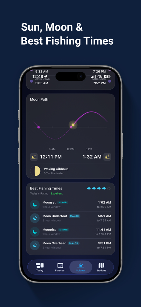 AlMayeh: Tides, Weather & More - AlMayeh app screen showing moon path and best fishing times with solunar data
