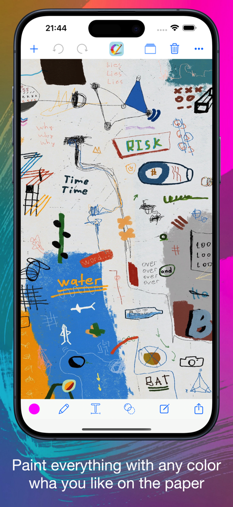 A digital canvas in the Draw Painter app featuring a colorful collage of doodles, text, and abstract shapes on a paper background.