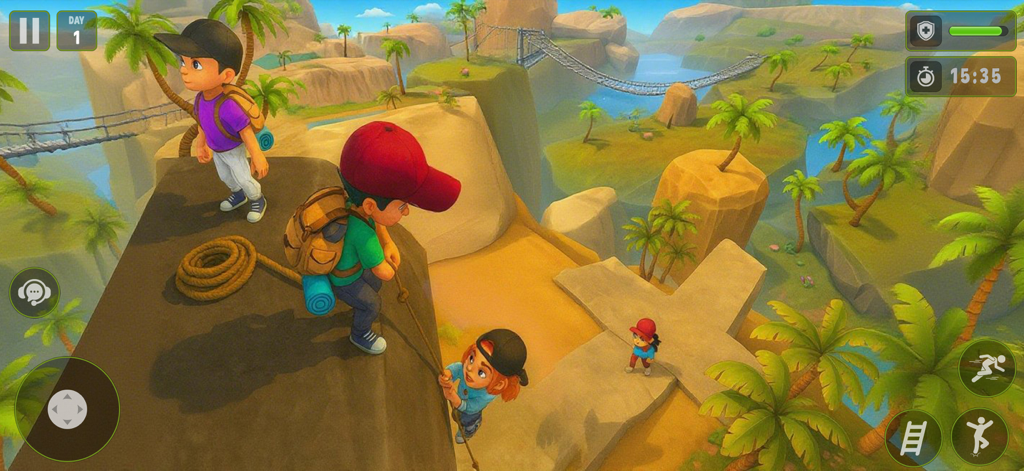 Peak Climb Escape Journey Game - Characters climbing a rocky cliff on a tropical island with a suspension bridge in the background