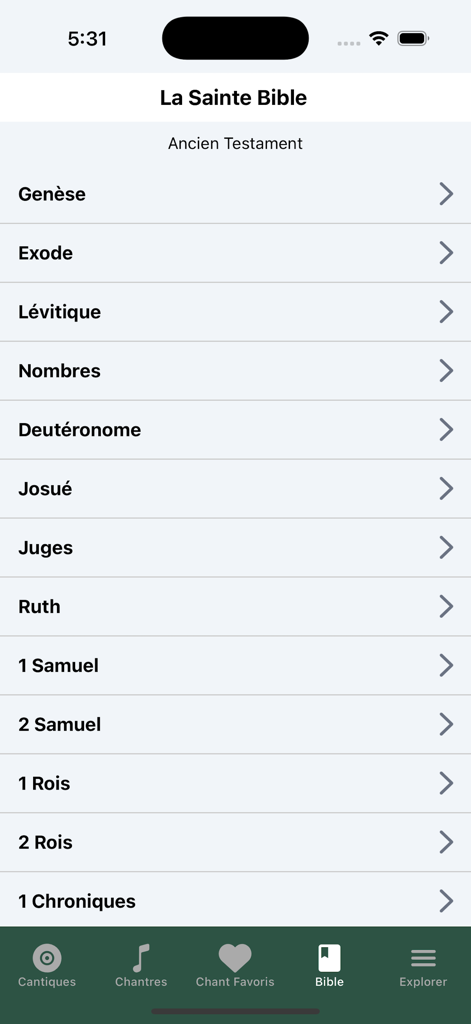 Joy of Missionアプリにフランス語で旧約聖書のリストが表示されている