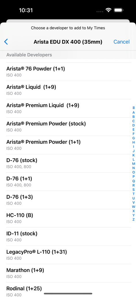 Massive Dev Chart Timer - Screenshot of the Massive Dev Chart Timer app displaying a list of available film developers for Arista EDU DX 400 film.