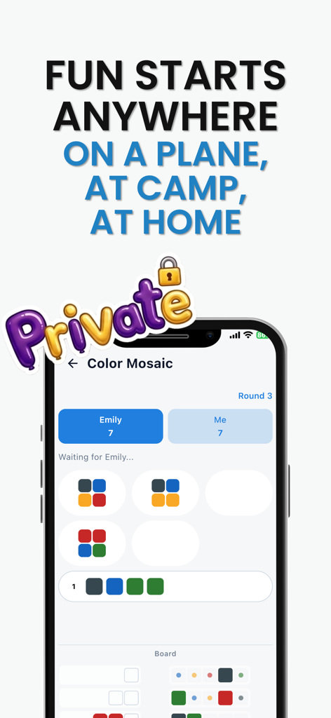 Circlo – Chat & Play Nearby - Interfaz de la aplicación móvil Circlo que muestra una sesión de juego privada sin conexión de Mosaico de colores entre dos amigos