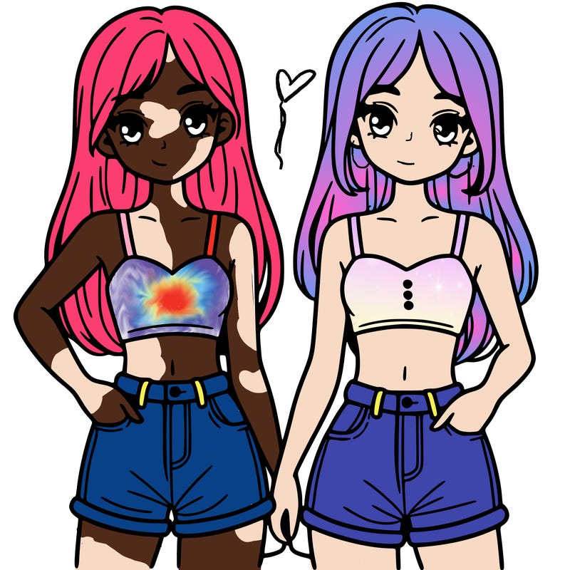 two sisters with crop tops and jean shorts and straight hair