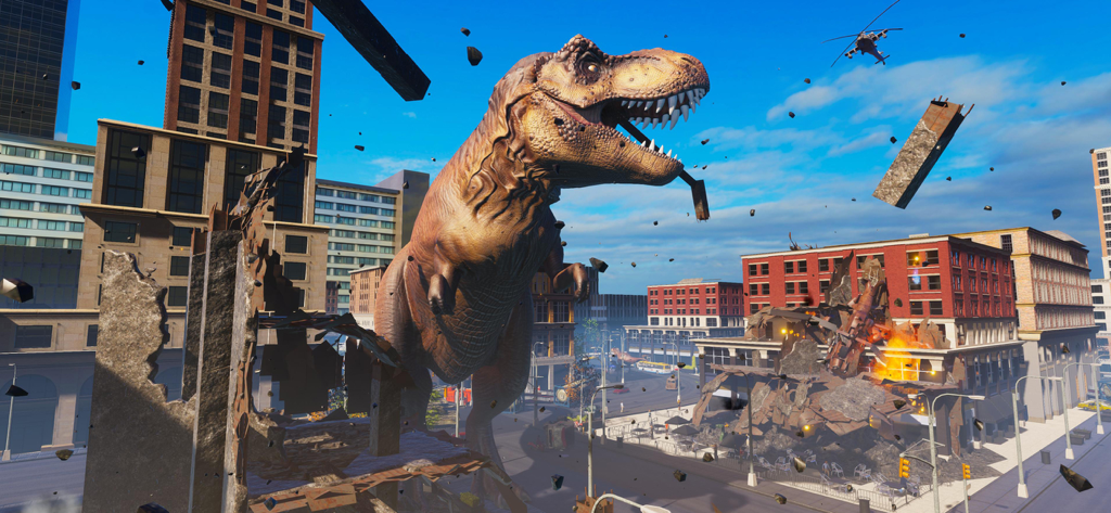 T-rex Simulator City World - Un T-Rex gigante destruyendo edificios de la ciudad y un helicóptero en un juego simulador en 3D