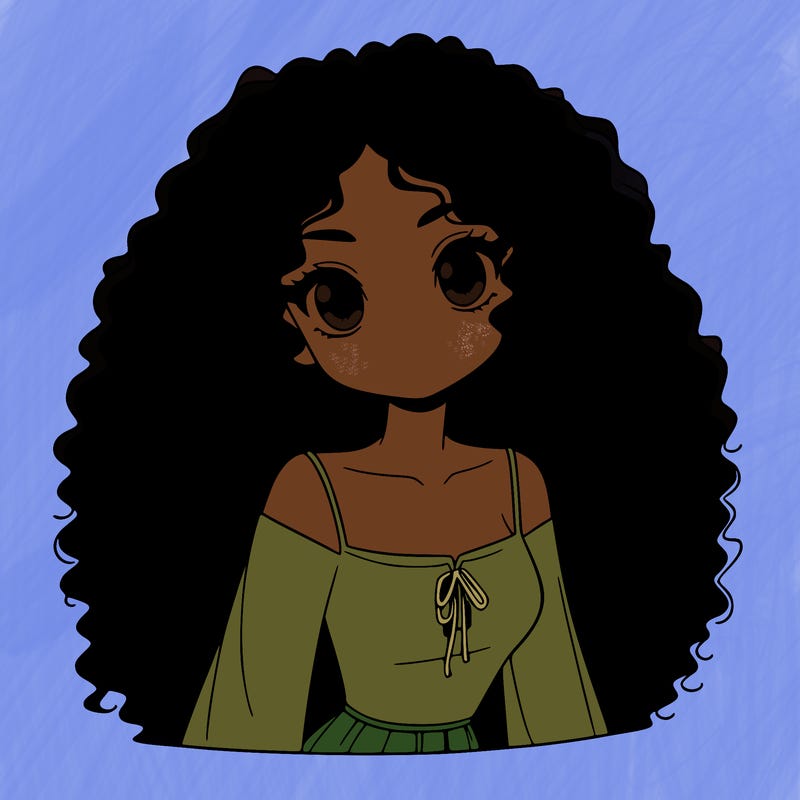 a black anime girl with long afro hair