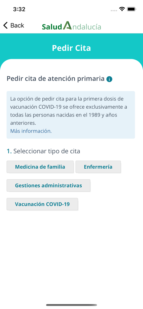 Salud Andalucía - Interface of the Salud Andalucia app showing options to request a medical appointment for family medicine, nursing, or vaccination