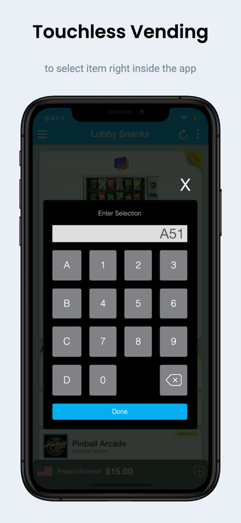 Tela do aplicativo PayRange mostrando um teclado de venda automática sem contato para seleção de itens