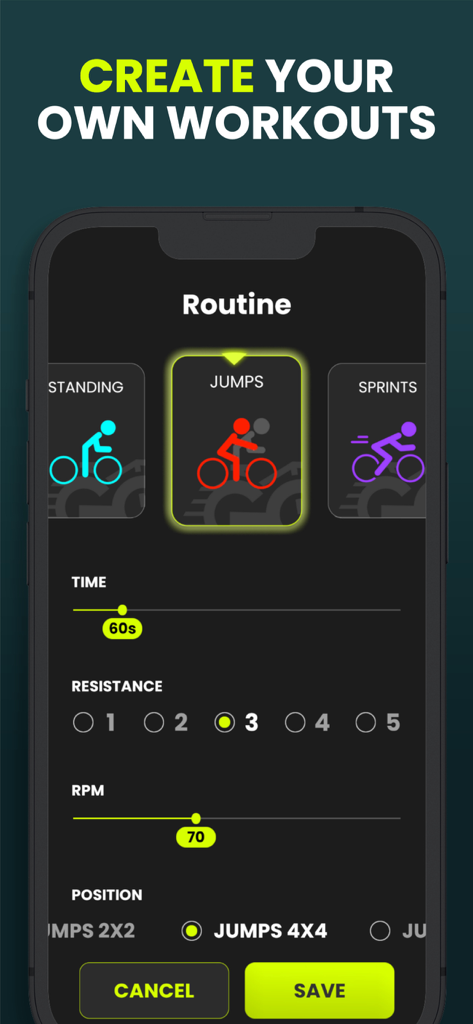 Smartphone screen displaying the CycleGo app feature to create custom cycling workouts with adjustable time and resistance settings.