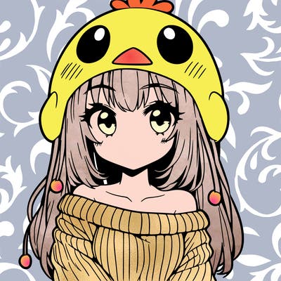 anime girl with chick shaped hat with sweater with bare shoulders with bangs covering them one eye with low tail