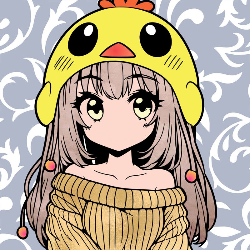 anime girl with chick shaped hat with sweater with bare shoulders with bangs covering them one eye with low tail