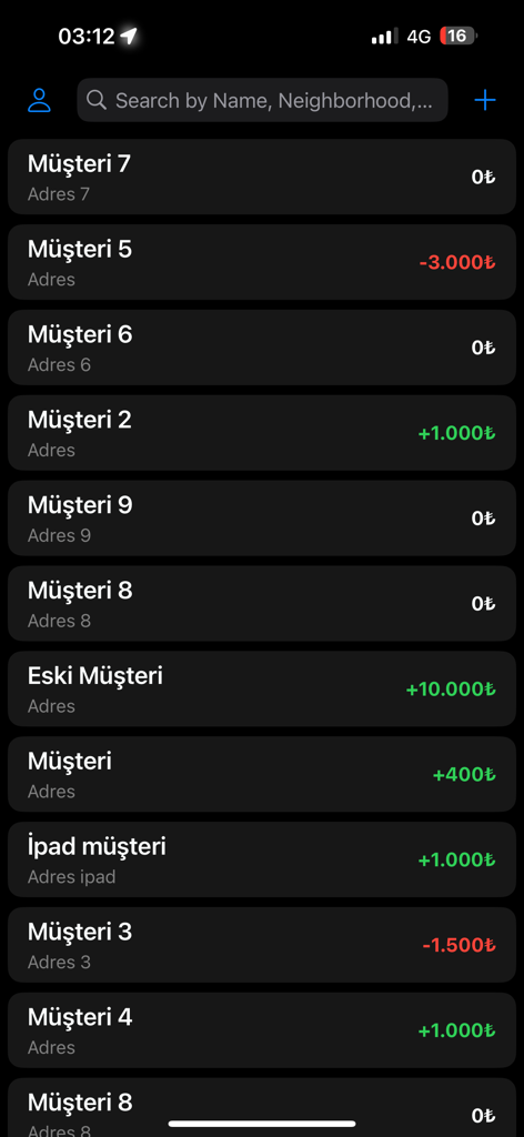 Mobile interface displaying a list of veterinary clients and their account balances