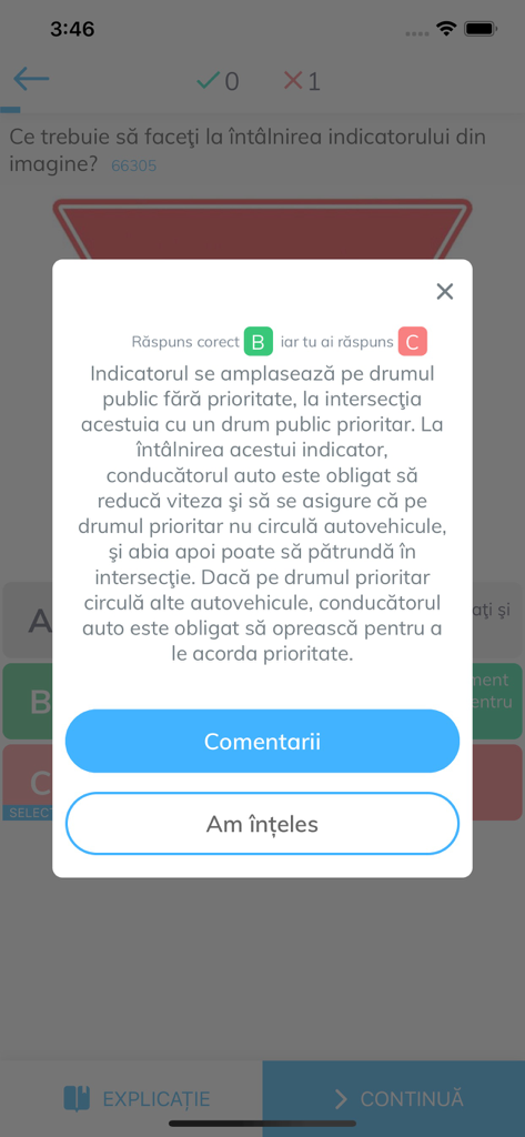 Ventana emergente de explicación en la aplicación DRPCIV que muestra la respuesta correcta y los detalles de la ley de tráfico para una pregunta sobre una señal de tráfico