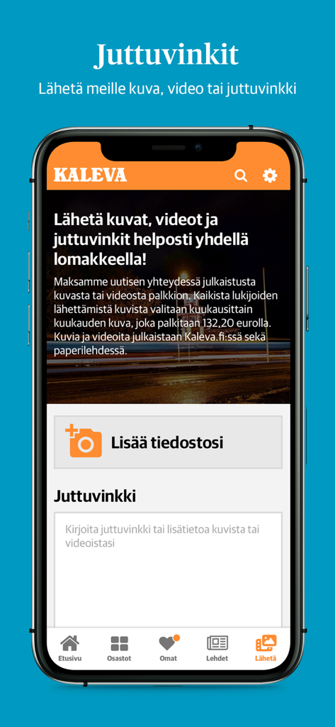 Interface de l'application d'actualités Kaleva montrant le formulaire de soumission pour les conseils d'actualité, les photos et les vidéos des utilisateurs.