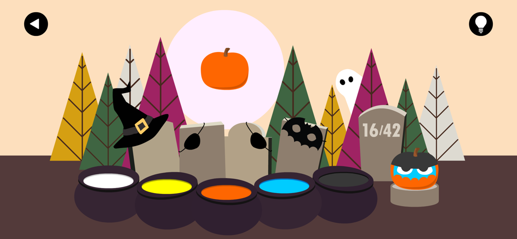 Boo! - Jugabilidad del rompecabezas lógico de Boo que muestra calderos de pintura y máscaras de Halloween usadas para decorar una calabaza