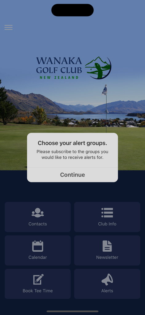ClubAppsNZ - Pantalla de inicio del Club de Golf de Wanaka en ClubAppsNZ con iconos de menú y solicitud de alerta