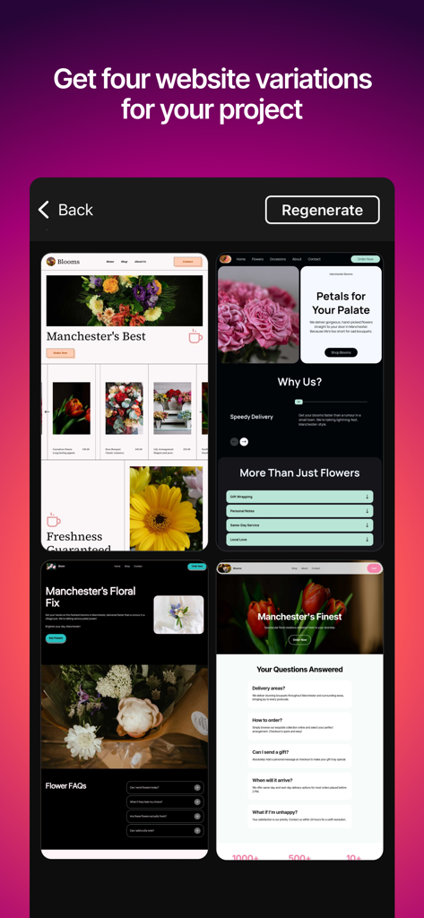 AI Website Builder: Mobirise - A screen showing four different mobile website design variants generated by AI for a florist business.