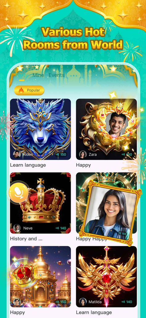 Waky Pro - Pantalla de la app Waky Pro mostrando varias salas de chat en vivo globales con categorías como aprender idiomas e historia.