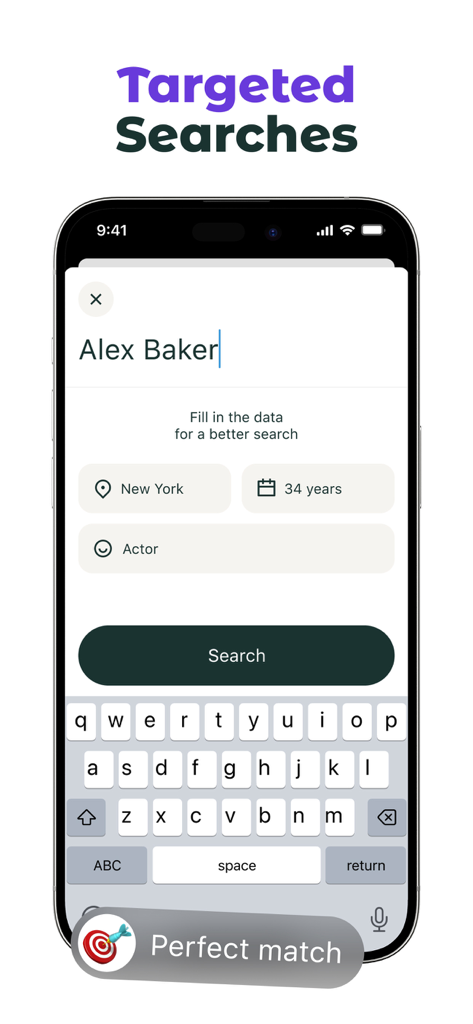 DeepSearch app screenshot showing a targeted search interface for finding specific people with AI