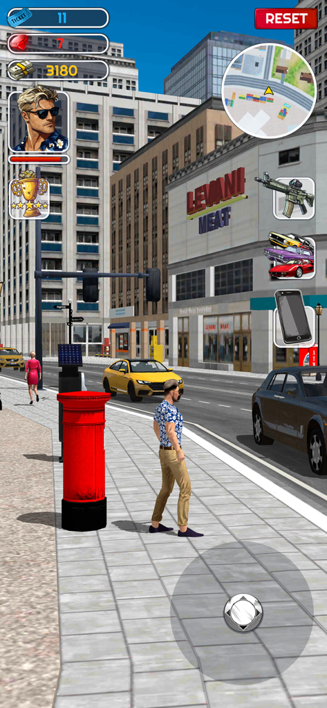Gameplay screenshot of Gangster Life showing a character walking on an urban street with mobile game UI.