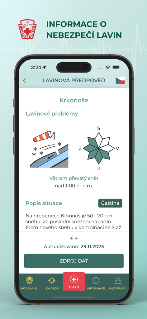 Avalanche forecast screen in the Záchranka emergency app showing snow conditions and danger levels
