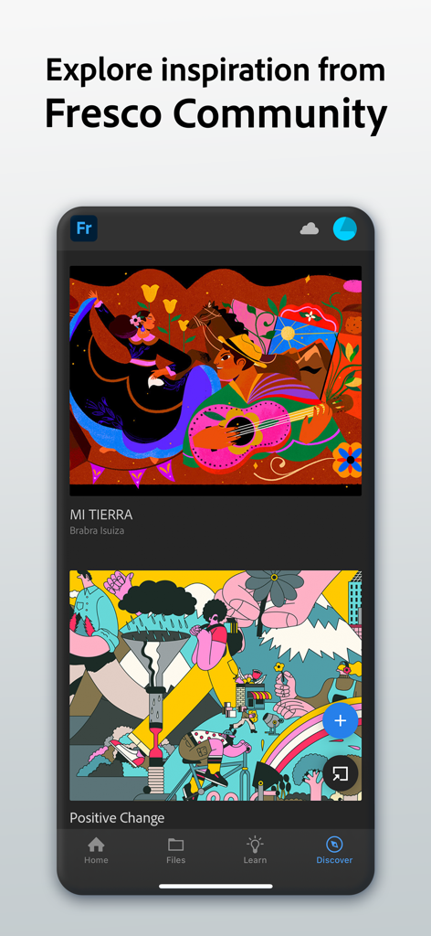 Adobe Fresco: Draw & Paint App - Adobe Fresco app interface showing the Discover tab with digital illustrations from the community for creative inspiration