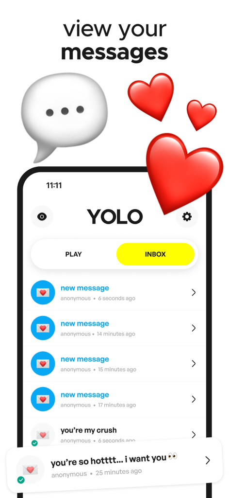 YOLO: Anonymous Q+A - YOLO app interface showing a list of anonymous messages in the inbox