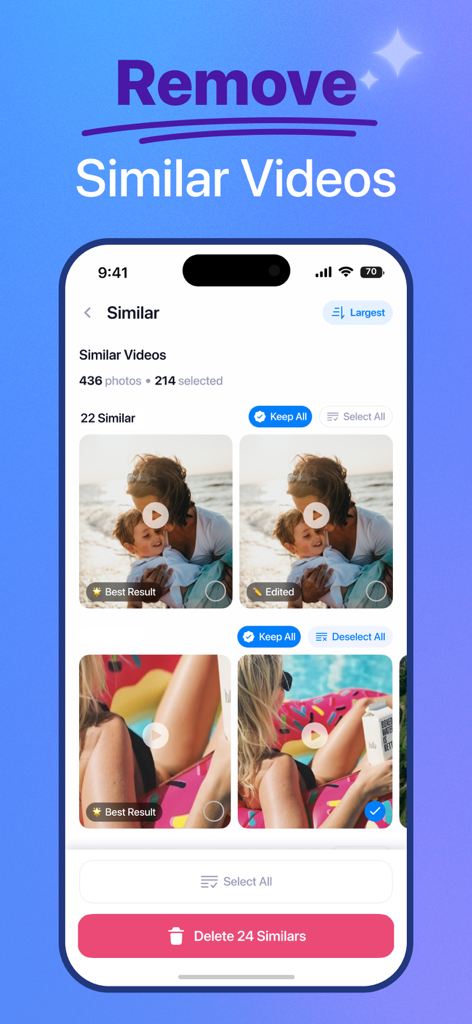 Cleanse AI－Phone, Mail Cleaner - Interfaz de la aplicación Cleanse AI que muestra la función de eliminación de vídeos similares para optimizar el almacenamiento del teléfono